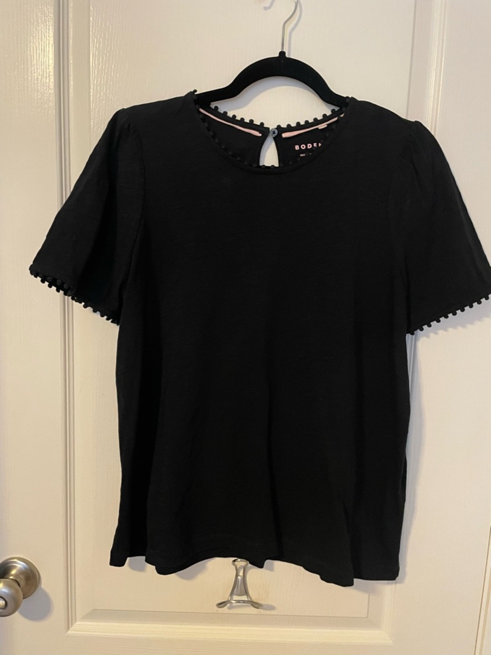 Boden Black Short Sleeve Top with Pom-Pom Trim
